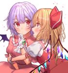  2girls bangs bat_wings blush bow breasts brooch commentary_request cravat crystal dress eyebrows_visible_through_hair fang flandre_scarlet frilled_shirt_collar frills gloves hair_bow hand_up highres jewelry lavender_hair long_hair looking_at_another masanaga_(tsukasa) multiple_girls no_hat no_headwear open_mouth pink_dress profile puffy_short_sleeves puffy_sleeves red_bow red_eyes red_skirt red_vest remilia_scarlet shirt short_hair short_sleeves siblings simple_background sisters skirt skirt_set small_breasts touhou upper_body vest white_background white_gloves white_neckwear white_shirt wings 