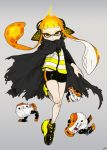  1girl artist_name aura autobomb_(splatoon) bangs black_cape black_shorts blunt_bangs cape closed_mouth dated domino_mask grey_background headgear inkling leg_up light_frown mask orange_eyes orange_hair shoes short_shorts shorts signature simple_background single_vertical_stripe sneakers solo splatoon_(series) splatoon_2 splatoon_2:_octo_expansion squidbeak_splatoon standing standing_on_one_leg tentacles torn_cape torn_clothes vest yellow_footwear yellow_vest yeneny 