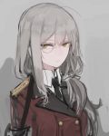  1girl black_neckwear double-breasted epaulettes expressionless girls_frontline grey_background grey_hair helianthus_(girls_frontline) highres long_hair looking_at_viewer monocle necktie painterly rampart1028 solo uniform upper_body yellow_eyes 