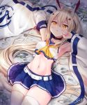  1girl armpits ayanami_(azur_lane) azur_lane bangs bare_shoulders blonde_hair blush breasts commentary_request eyebrows_visible_through_hair hair_between_eyes hair_ornament headgear high_ponytail highres long_hair looking_at_viewer medium_breasts navel pleated_skirt ponytail red_eyes sailor_collar school_uniform shirt sidelocks skirt solo thigh-highs tyot white_legwear 