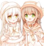  2girls :d bangs beret blush bow brown_eyes brown_hair brown_headwear brown_sailor_collar capelet commentary_request dress eyebrows_visible_through_hair fur-trimmed_capelet fur-trimmed_sleeves fur_trim green_eyes hair_between_eyes hat jacket long_hair long_sleeves multiple_girls open_clothes open_jacket open_mouth original sailor_collar sailor_dress simple_background sleeves_past_wrists smile very_long_hair white_background white_bow white_capelet white_coat white_dress white_hair white_headwear white_neckwear yuuhagi_(amaretto-no-natsu) 