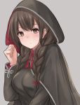  1girl absurdres bangs blush braid breasts brown_eyes brown_hair capelet closed_mouth enri_(enriko683) eyebrows_visible_through_hair female_focus grey_background highres hood hood_up hooded_capelet kantai_collection long_hair long_sleeves medium_breasts ribbon shinshuu_maru_(kantai_collection) simple_background solo twintails upper_body 