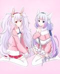  2girls akj-sw animal_ears azur_lane blue_eyes capelet chinese_commentary commentary_request dragon_girl dragon_horns eyebrows_visible_through_hair full_body fur_trim hair_bobbles hair_ornament hairband highres horns jacket kanna_kamui kobayashi-san_chi_no_maidragon laffey_(azur_lane) long_hair long_sleeves multiple_girls naganawa_maria off_shoulder open_clothes open_jacket pink_background pink_jacket purple_hair rabbit_ears red_eyes red_skirt seiyuu_connection simple_background sitting skirt tail thigh-highs twintails very_long_hair wariza white_legwear 