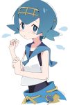  1girl blue_eyes blue_hair blush closed_mouth ixy looking_at_viewer one-piece_swimsuit pokemon pokemon_(game) pokemon_sm short_hair simple_background sleeveless solo suiren_(pokemon) swimsuit swimsuit_under_clothes white_background 