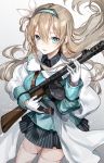  1girl absurdres artist_name bangs black_skirt blonde_hair blue_eyes breasts commentary_request girls_frontline gloves gun hair_between_eyes hairband highres holding holding_gun holding_weapon jacket large_breasts looking_at_viewer skirt solo suomi_kp31_(girls_frontline) thigh-highs unity_(ekvmsp02) weapon white_gloves white_jacket white_legwear 