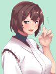  1girl blue_background brown_eyes brown_hair curled_fingers highres hyuuga_(kantai_collection) japanese_clothes kantai_collection kimono lips looking_at_viewer remodel_(kantai_collection) shingyo short_hair simple_background smile solo undershirt upper_body white_kimono 