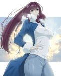  alternate_costume artist_request blue_sky breasts casual clouds cloudy_sky denim fate/grand_order fate_(series) fur-trimmed_sleeves fur_collar fur_trim hair_intakes highres jacket jeans large_breasts long_hair long_sleeves outdoors pants pocket purple_hair ribbed_sweater scathach_(fate)_(all) scathach_(fate/grand_order) sky sweater turtleneck turtleneck_sweater yellow_eyes 
