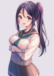  1girl :d blush breasts commentary_request crossed_arms green_neckwear hair_between_eyes high_ponytail highres large_breasts long_hair long_ponytail looking_at_viewer love_live! love_live!_sunshine!! matsuura_kanan moyui_(myi_005) open_mouth pleated_skirt ponytail purple_hair sailor_collar school_uniform serafuku sidelocks skirt smile uranohoshi_school_uniform violet_eyes 