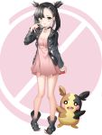  1girl absurdres asymmetrical_bangs asymmetrical_hair bangs black_hair black_jacket blush breasts choker collarbone commentary dress earrings green_eyes hair_ribbon highres holding holding_poke_ball hsxxx jacket jewelry long_hair long_sleeves looking_at_viewer mary_(pokemon) open_clothes pink_dress poke_ball pokemon pokemon_(game) pokemon_swsh red_ribbon ribbon small_breasts twintails 