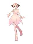  1girl animal_ears blush brown_eyes cleffa dress full_body gloves highres looking_at_viewer personification pink_dress pink_footwear pink_gloves pink_legwear pokemon short_hair short_sleeves simple_background smile solo standing standing_on_one_leg sunuo_de_justwe_zidong_shou_huoji thigh-highs white_background 