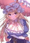  1girl :d bangs blonde_hair blush bow breasts choker commentary_request corset dress eyebrows_visible_through_hair frills gloves hair_between_eyes hair_bow hat hat_ribbon highres holding holding_umbrella large_breasts long_hair looking_at_viewer masanaga_(tsukasa) mob_cap open_mouth pink_bow pink_choker pink_ribbon puffy_short_sleeves puffy_sleeves purple_dress ribbon ribbon_choker short_sleeves simple_background smile solo touhou umbrella upper_body violet_eyes white_background white_gloves white_headwear yakumo_yukari 
