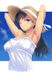  1girl ;) aqua_eyes armpits arms_behind_head arms_up bangs bare_shoulders black_hair blue_sky blush breasts clouds collarbone covered_nipples day dress dripping fang framed_breasts frilled_dress frills grin hat hat_ribbon highres kanata_(kanata_onion) long_hair looking_at_viewer one_eye_closed original outdoors outside_border ribbon shiny shiny_skin sky sleeveless sleeveless_dress smile solo straw_hat sundress sweat tan upper_body white_dress 