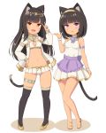  2girls :d animal_ears anklet armlet bandeau bare_legs black_hair black_legwear cat_ears cat_girl cat_tail collar dress flats full_body hairband hand_on_hip hand_up headdress hood hood_down hooded_jacket jacket jewelry long_hair long_sleeves looking_at_viewer microskirt midriff multiple_girls navel open_clothes open_jacket open_mouth orange_eyes original parted_lips pleated_skirt sasaame short_hair skirt sleeveless sleeveless_dress smile tail thigh-highs v violet_eyes white_background white_dress white_jacket white_skirt 