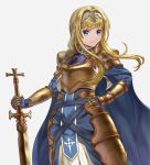 1girl alice_schuberg bangs blonde_hair blue_eyes commentary_request daikichi_(artist) frown gauntlets gloves gold_armor hairband highres holding long_hair looking_at_viewer simple_background solo sword_art_online sword_art_online_alicization very_long_hair warrior white_background