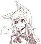  1girl animal_ear_fluff animal_ears bangs brooch commentary dress eyebrows_visible_through_hair hair_between_eyes imaizumi_kagerou jewelry long_hair monochrome sidelocks simple_background smile solo touhou upper_body white_background wolf_ears wool_(miwol) 