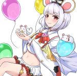  1girl animal animal_ears balloon bow bowtie carrying collared_shirt commentary_request crop_top fake_animal_ears granblue_fantasy hairband heart jibako long_sleeves looking_at_viewer midriff miniskirt navel pleated_skirt rat rat_ears red_eyes shirt short_hair simple_background skirt smile solo stomach thigh_strap thighs vikala_(granblue_fantasy) white_background white_hair white_shirt white_skirt wide_sleeves 
