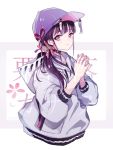  1girl 2019 alternate_costume bangs baseball_cap butterfly_hair_ornament captain_yue closed_mouth cropped_torso drawstring eyebrows_visible_through_hair hair_ornament hands_together hands_up hat highres hood hood_down hoodie kimetsu_no_yaiba long_hair long_sleeves low_ponytail own_hands_together ponytail puffy_long_sleeves puffy_sleeves purple_hair purple_headwear smile solo tsuyuri_kanao twitter_username upper_body violet_eyes white_hoodie 