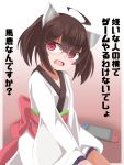  1girl ahoge ao_(aoblueao) back_bow bangs blush bow brown_background brown_hair eyebrows_visible_through_hair fang glasses gradient gradient_background hair_between_eyes handheld_game_console headgear japanese_clothes kimono nintendo_switch obi open_mouth red_bow red_eyes sash sitting solo touhoku_kiritan twintails voiceroid white_background white_kimono 