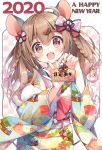  1girl 2020 :d animal_ears bangs blush bow braid brown_hair chinese_zodiac commentary_request ema eyebrows_visible_through_hair flower hair_between_eyes hair_flower hair_ornament hands_up happy_new_year holding japanese_clothes kimono long_hair long_sleeves looking_at_viewer mouse_ears multicolored multicolored_clothes multicolored_kimono new_year open_mouth original pink_bow print_kimono red_eyes smile solo suimya twintails wide_sleeves year_of_the_rat yellow_flower 