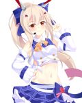  1girl ayanami_(azur_lane) ayanami_(troubled_star_idol)_(azur_lane) azur_lane bare_shoulders belt blonde_hair blue_bow blush bow crop_top detached_sleeves double-breasted gekka1106 groin hair_between_eyes hair_bow hand_on_hip hand_up headgear heart highres idol long_hair microphone midriff navel plaid plaid_skirt pleated_skirt ponytail red_eyes simple_background skirt smile solo v very_long_hair white_background white_belt wide_sleeves 
