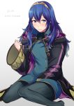  1girl 2019 ameno_(a_meno0) black_cloak black_sweater blue_eyes blue_hair blush breastplate cloak closed_mouth commentary_request cosplay fire_emblem fire_emblem_awakening hair_between_eyes hair_ornament hood hood_down hooded hooded_cloak lips long_hair lucina lucina_(fire_emblem) my_unit my_unit_(cosplay) open_clothes ribbed_sweater robin_(fire_emblem) robin_(fire_emblem)_(male) simple_background sitting solo sweater tiara turtleneck turtleneck_sweater white_background 