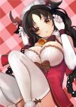  1girl alternate_costume animal_ears azur_lane bangs bell black_hair blush bow braid breasts brown_eyes cat_ears dress elbow_gloves fake_antlers fur-trimmed_legwear fur_trim garter_straps gloves hair_intakes hair_ornament hands_up highres knees_up large_breasts long_hair ooshio_(azur_lane) ooshio_(present_from_a_reindeer)_(azur_lane) parted_bangs parted_lips pink_background plaid plaid_background pupps red_bow red_dress simple_background solo thighs twin_braids white_gloves x_hair_ornament 