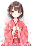  1girl 2020 bangs bashosho blush brown_eyes brown_hair closed_mouth commentary_request eyebrows_visible_through_hair floral_background floral_print hair_ornament hairclip happy_new_year highres japanese_clothes kimono light_smile long_sleeves new_year obi original pink_kimono print_kimono sash solo upper_body wide_sleeves 