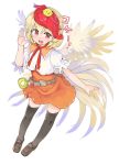  1girl :d animal animal_on_head bangs belt bird black_legwear blonde_hair brown_belt brown_footwear chick commentary_request eyebrows_visible_through_hair feathered_wings hand_up loafers looking_at_viewer miniskirt multicolored_hair niwatari_kutaka on_head open_mouth orange_skirt puffy_short_sleeves puffy_sleeves puuakachan red_eyes redhead shirt shoes short_hair short_sleeves simple_background skirt smile solo tail_feathers thigh-highs touhou translation_request two-tone_hair white_background white_shirt wings yellow_wings zettai_ryouiki 