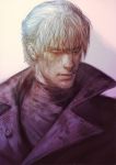  1boy closed_mouth derivative_work devil_may_cry dmc:_devil_may_cry et.m male_focus simple_background solo sweat vergil white_hair 