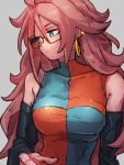  1girl android_21 blue_eyes breasts checkered_clothes checkered_dress closed_mouth detached_sleeves dragon_ball dragon_ball_fighterz dress earrings glasses grey_background hoop_earrings jewelry kemachiku long_hair looking_to_the_side medium_breasts redhead simple_background solo upper_body 