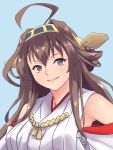  1girl ahoge blue_background brown_hair detached_sleeves double_bun hairband headgear highres japanese_clothes kantai_collection kongou_(kantai_collection) long_hair looking_at_viewer ribbon-trimmed_sleeves ribbon_trim shingyo simple_background smile solo upper_body violet_eyes 