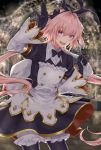  1boy astolfo_(fate) astolfo_(saber)_(fate) azaka_(rionrita) bangs black_bow black_gloves black_ribbon blush bow bowtie commentary_request fang fate_(series) gloves hair_bow hair_intakes hair_ribbon highres long_hair long_sleeves looking_at_viewer multicolored_hair otoko_no_ko pink_hair ribbon skin_fang smile solo streaked_hair twintails violet_eyes white_hair 