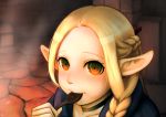  1girl blonde_hair blue_robe braid brick_wall dungeon dungeon_meshi eating elf full_mouth green_eyes highres jewelry marcille mugiwara_boushi_(a26666221) necklace pointy_ears spoon treasure_chest 