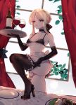  1girl alcohol artoria_pendragon_(all) artoria_pendragon_(swimsuit_rider_alter) bare_shoulders bikini black_bikini black_bow black_footwear black_gloves black_legwear blonde_hair bottle bow braid breasts choker closed_mouth commentary cowboy_shot cup drinking_glass elbow_gloves fate/grand_order fate_(series) frilled_bikini_top frilled_choker frills frown glass gloves grey_background groin hair_bow halter_top halterneck high_heels highres holding holding_tray leg_garter looking_at_viewer maid_bikini maid_headdress navel rimsuk saber_alter short_hair small_breasts solo standing swimsuit table thigh-highs tray v-shaped_eyebrows wine wine_bottle wine_glass yellow_eyes 