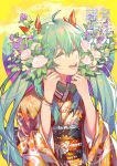  1girl 2020 :d ^_^ absurdres ahoge bangs closed_eyes colored_eyelashes commentary_request eyebrows_visible_through_hair floral_print flower green_hair hair_between_eyes hair_ribbon hands_up hatsune_miku highres holding holding_flower japanese_clothes kimono koi_han long_hair long_sleeves lower_teeth obi open_mouth pink_flower pink_rose print_kimono purple_flower red_ribbon ribbon rose sash smile solo twintails upper_body vocaloid wide_sleeves yellow_background yellow_flower 