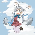  1girl ahoge blue_sky boots bow bowtie ceroliz clouds cross-laced_footwear full_body grey_eyes grey_hair grey_legwear hair_between_eyes hair_bun halterneck highres jumping kantai_collection kiyoshimo_(kantai_collection) lace-up_boots long_hair low_twintails pantyhose shirt sky solo twintails very_long_hair white_shirt 
