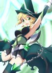  1girl absurdres akatsuki_kirika arm_up armpits blonde_hair blush breasts chain elbow_gloves eyebrows_visible_through_hair gloves green_eyes highres large_breasts looking_at_viewer looking_to_the_side magical_girl open_mouth rikopin senki_zesshou_symphogear shiny shiny_hair short_hair simple_background smile solo sparkle_background striped striped_legwear teeth thigh-highs tongue upper_teeth 