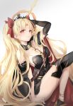  1girl arm_support asymmetrical_legwear bangs between_breasts black_cape black_legwear blonde_hair breasts cape closed_mouth commentary earrings ereshkigal_(fate/grand_order) fate/grand_order fate_(series) gradient gradient_background hair_intakes highres hoop_earrings infinity jewelry lielac lips long_hair multicolored multicolored_cape multicolored_clothes necklace parted_bangs red_cape red_eyes single_thighhigh skull solo spine thigh-highs thighs two_side_up very_long_hair 