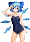  1girl absurdres arm_up armpits bangs bare_arms bare_shoulders blue_bow blue_eyes blue_hair blue_swimsuit blush bow cirno collarbone commentary covered_navel cowboy_shot eyebrows_visible_through_hair hair_bow highres ice ice_wings looking_at_viewer one-piece_swimsuit otokonoko short_hair simple_background smile solo standing swimsuit thighs touhou white_background wings 