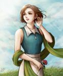 1girl brown_eyes brown_hair ellone eyelashes female final_fantasy final_fantasy_viii flower hand_up highres holding holding_flower looking_away outdoors parted_lips short_hair sleeveless smile solo standing