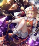  1girl :d absurdres ascot bangs bare_legs blonde_hair bloomers bobby_socks bow chewi commentary_request crystal eyebrows_visible_through_hair fang flandre_scarlet flower hair_between_eyes hand_up hat hat_bow highres holding huge_filesize knees_up laevatein lens_flare looking_at_viewer mary_janes midriff_peek miniskirt mob_cap open_mouth puffy_short_sleeves puffy_sleeves red_bow red_eyes red_footwear red_skirt red_vest sailor_collar shoes short_hair short_sleeves skirt skirt_set smile socks solo thighs touhou underwear vest white_bloomers white_flower white_headwear white_legwear white_sailor_collar wrist_cuffs yellow_neckwear 
