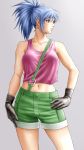  1girl bangs bare_shoulders black_gloves blue_hair breasts closed_mouth collarbone earrings gloves green_eyes green_shorts grey_background hand_on_hip highres jewelry leona_heidern lips long_hair looking_away medium_breasts midriff navel shorts sleeveless solo stomach tank_top the_king_of_fighters tied_hair x_chitch 