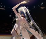  1girl arms_up backlighting bare_back beamed_eighth_notes blue_hair blurry bokeh breasts choker closed_eyes commentary covered_mouth dancing depth_of_field dress expressionless eyebrows_visible_through_hair eyelashes from_behind hatsune_miku honnou_(kjs9504) light_particles long_hair medium_breasts miku_with_you_(vocaloid) musical_note outstretched_arms profile puffy_short_sleeves puffy_sleeves ribbon see-through see-through_sleeves short_sleeves shoulder_blades sideboob solo spotlight straight_hair strapless strapless_dress twintails upper_body very_long_hair vocaloid white_dress white_ribbon 