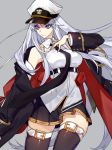  1girl azur_lane bangs bare_shoulders black_neckwear breasts enterprise_(azur_lane) eyebrows_visible_through_hair floating_hair grey_background hachizowo hand_on_own_chest hat highres large_breasts long_hair looking_away military_hat necktie peaked_cap shirt silver_hair simple_background skirt sleeveless sleeveless_shirt smile solo thigh-highs thighs very_long_hair violet_eyes white_headwear 