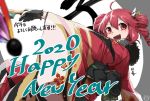  1girl 2020 ahoge black_gloves blurry_foreground cherry_blossom_print commentary drill_hair dutch_angle floral_print fur-trimmed_kimono fur_trim gloves hair_ornament happy_new_year highres holding japanese_clothes kasane_teto katai_ameshi kimono looking_to_the_side new_year obi open_mouth outstretched_arm red_eyes red_kimono redhead sash smile solo translated twin_drills utau v-shaped_eyebrows 