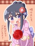  1girl 2020 :d bangs black_hair blue_bow blue_flower blush bow brown_background candy_apple commentary_request eyebrows_visible_through_hair floral_print flower food hair_between_eyes hair_flower hair_ornament hana_kazari highres holding holding_food japanese_clothes kimono leaning_forward long_sleeves looking_at_viewer obi open_mouth outline pink_kimono print_kimono red_flower sash shirosaki_hana sidelocks sleeves_past_wrists smile solo translated violet_eyes watashi_ni_tenshi_ga_maiorita! white_outline wide_sleeves 