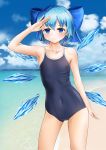  1girl absurdres arm_up armpits bangs bare_arms bare_shoulders beach blue_bow blue_eyes blue_hair blue_sky blue_swimsuit blush bow cirno clouds collarbone commentary covered_navel cowboy_shot day eyebrows_visible_through_hair hair_bow highres ice ice_wings looking_at_viewer ocean one-piece_swimsuit otokonoko outdoors short_hair sky smile solo standing swimsuit thighs touhou water wings 