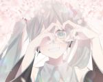  1girl :d bare_shoulders blue_eyes blue_hair blue_nails blue_neckwear blurry blurry_foreground bokeh cherry_blossoms chio_(akiciou) close-up collared_shirt commentary depth_of_field detached_sleeves face fingernails flower grey_shirt hair_between_eyes happy hatsune_miku head_tilt heart heart_hands highres light_rays light_smile long_hair looking_at_viewer necktie one_eye_covered open_mouth own_hands_together petals pink_flower shirt sidelocks simple_background sleeveless sleeveless_shirt smile solo straight_hair symbol_commentary twintails upper_body vocaloid white_background 
