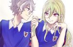  2boys afuro_terumi banana_(user_uynz2547) blonde_hair hair_between_eyes hair_grab highres inazuma_eleven inazuma_eleven_(series) inazuma_eleven_ares_no_tenbin kira_hiroto looking_at_another looking_at_viewer multiple_boys playing_with_another&#039;s_hair red_eyes simple_background smile soccer_uniform sportswear violet_eyes wavy_hair white_background 