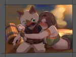  1girl 1other armlet ass brown_hair claws cup drunk fangs felyne highres hug hug_from_behind looking_at_another lying monster_hunter monster_hunter:_world mug on_stomach open_mouth short_hair smile sweatdrop user_kuaj4458 